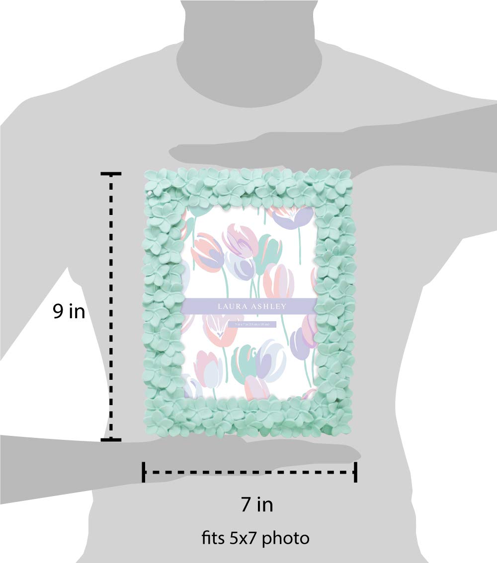 Laura Ashley 5x7 Mint Green Flower Textured Hand-Crafted Resin Picture Frame w/Easel & Hook for Tabletop & Wall Display, Decorat